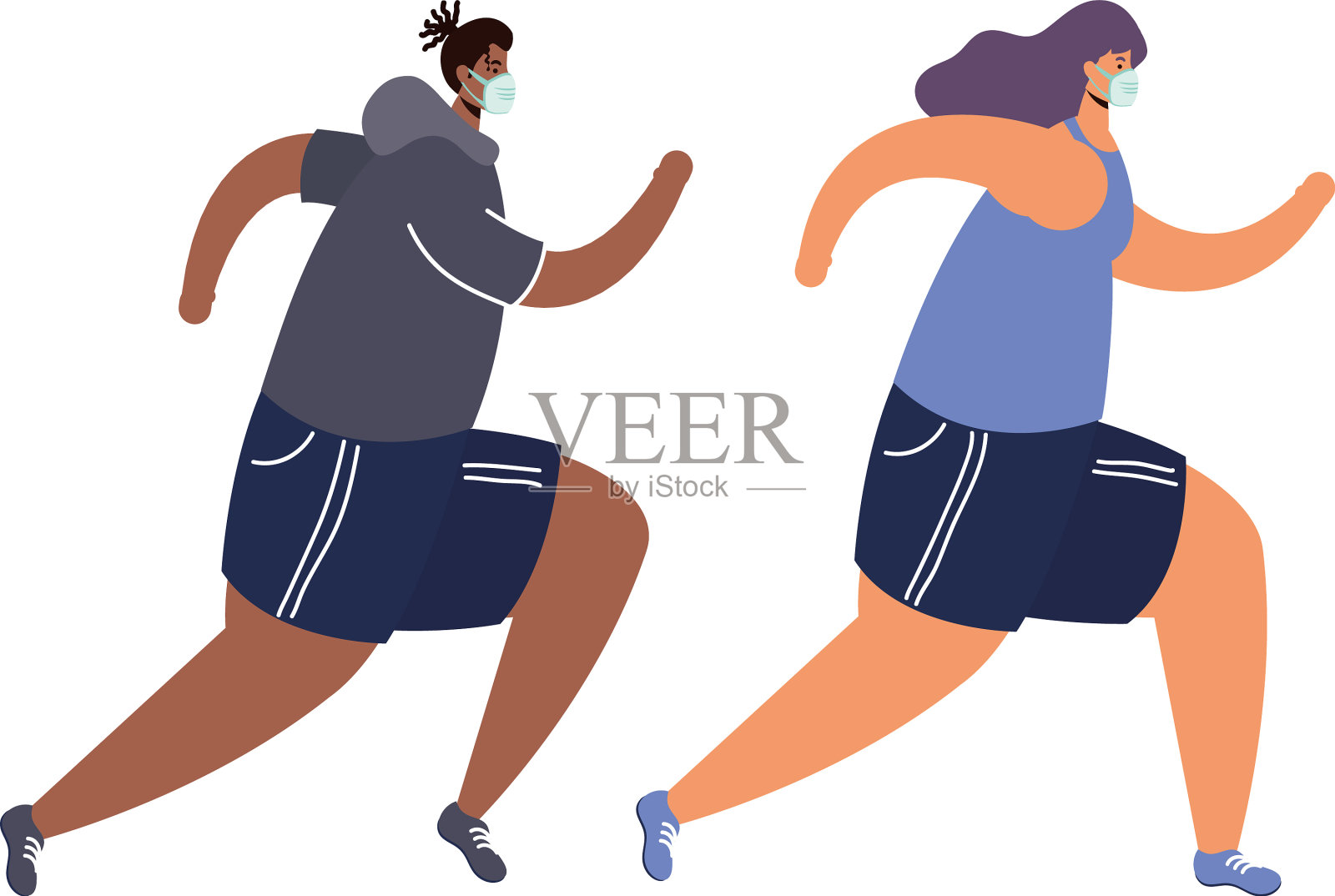 一对戴着医用口罩的年轻夫妇用虚拟形象跑步设计元素图片