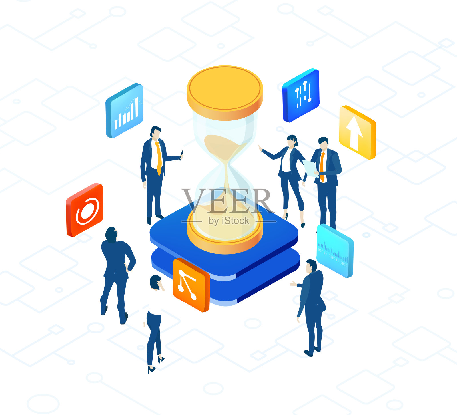 与业务人员围绕沙漏工作和交流的等距3D商业环境。商业、成功、数据保护和个人安全的概念说明插画图片素材