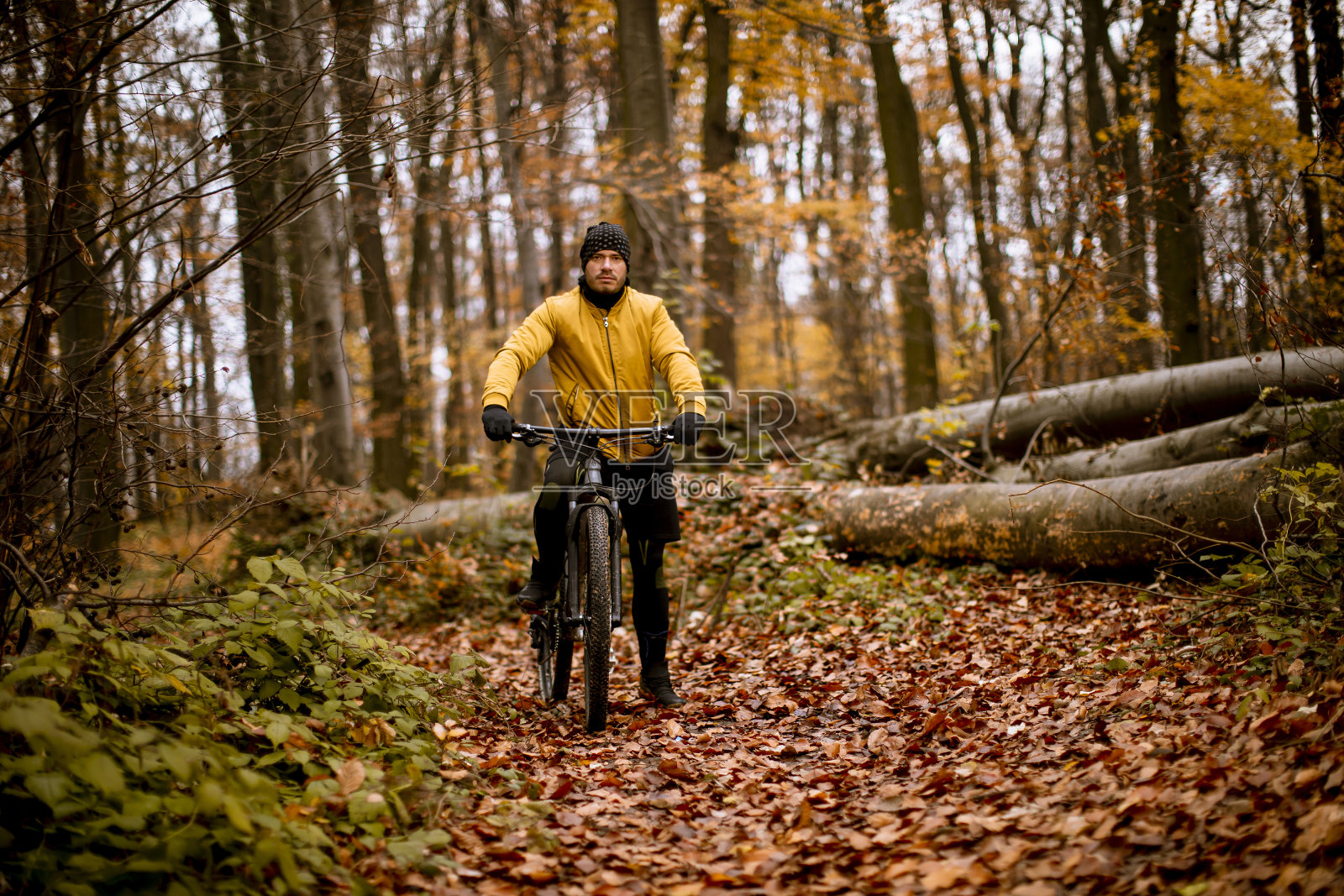 一个年轻人在骑车穿过秋天的森林时刹住了车照片摄影图片