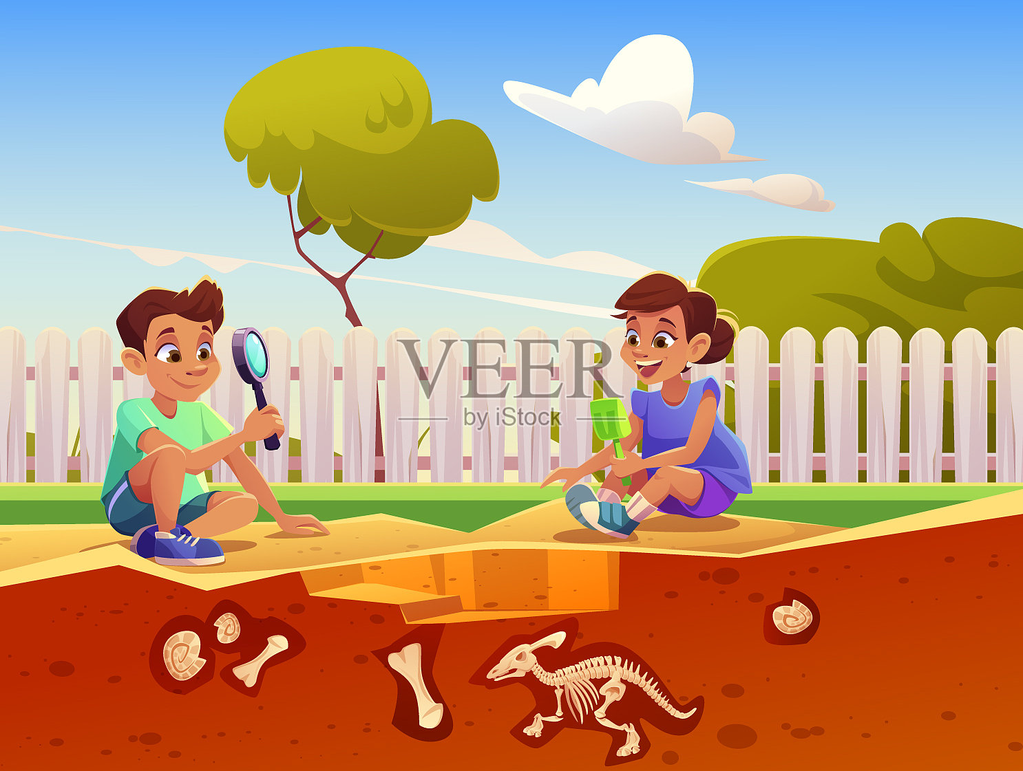 孩子们在和恐龙化石玩游戏插画图片素材
