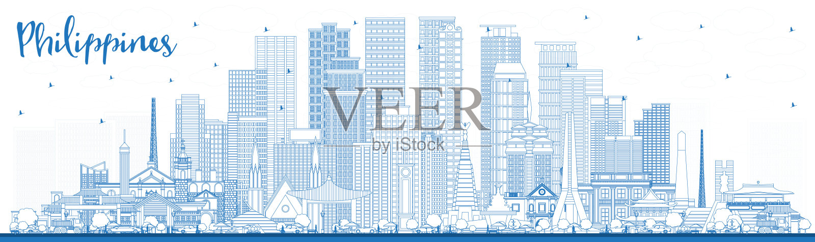 勾勒菲律宾城市天际线与蓝色建筑。插画图片素材