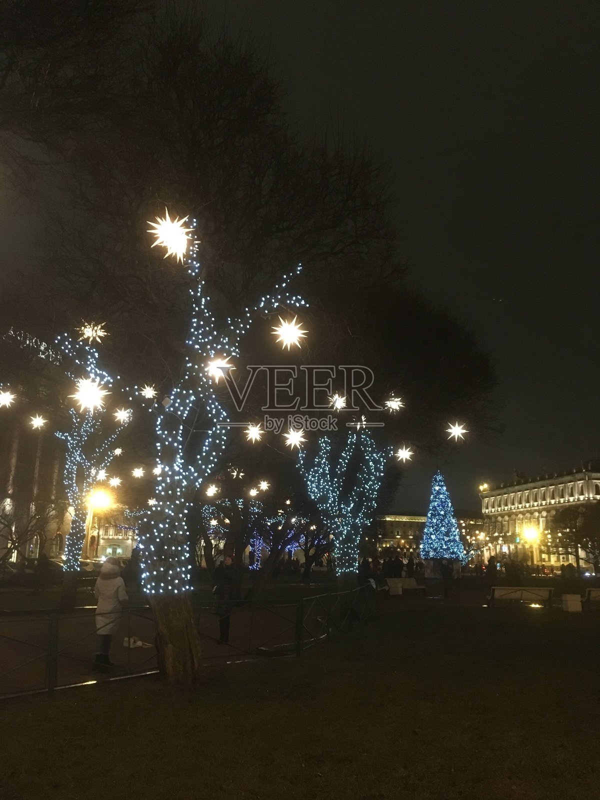 圣彼得堡的圣诞节装饰。圣以撒大教堂前的树上挂满星星的花环照片摄影图片