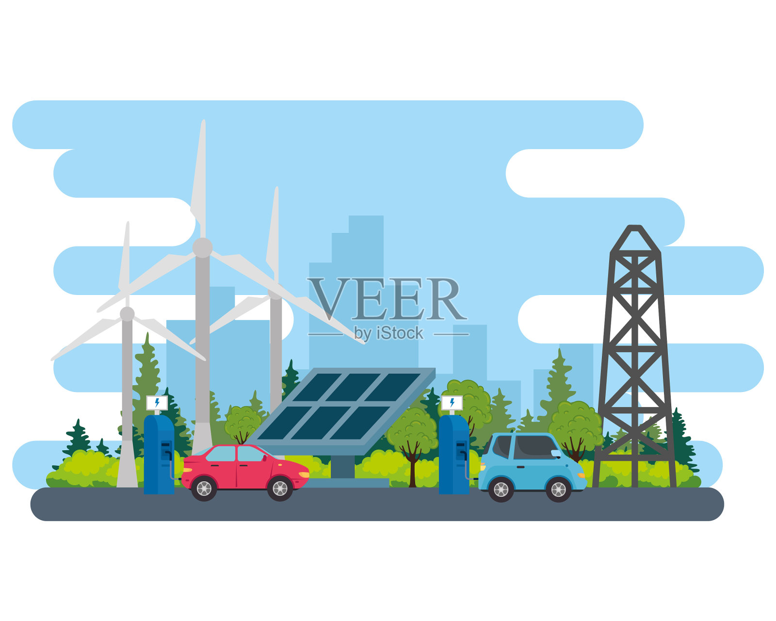 电动的蓝色和红色汽车与太阳能电池板站设计元素图片