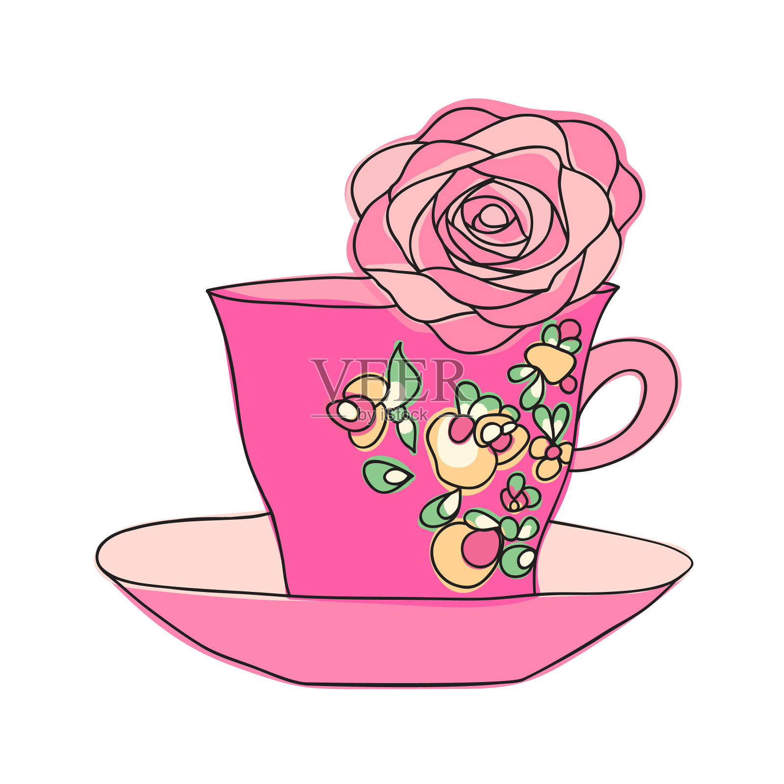 优雅的杯与花插画图片素材