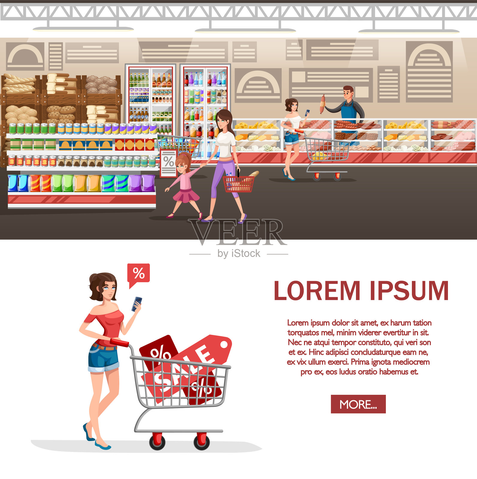 一个女人正推着一辆卖东西的购物车插画图片素材