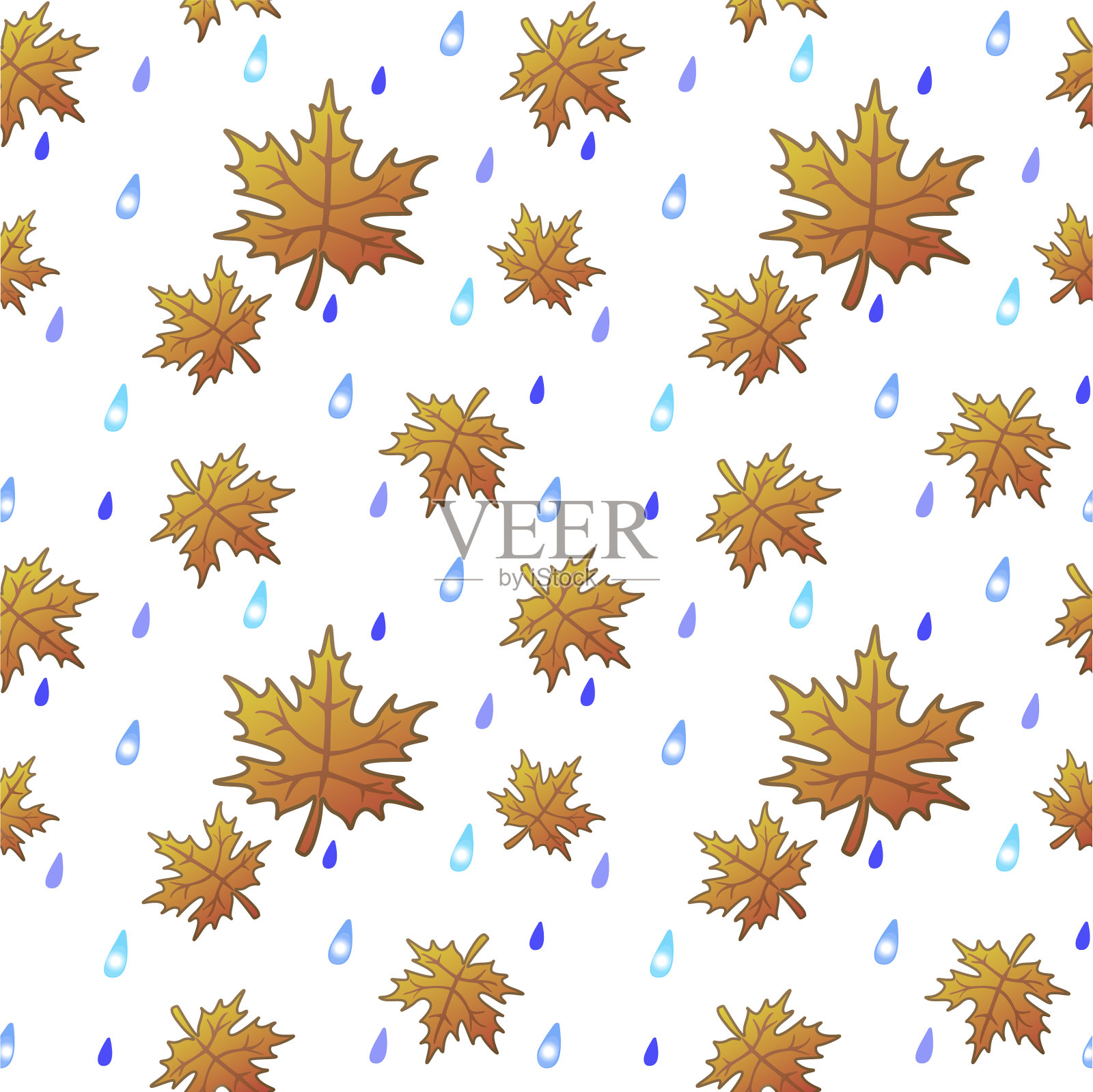 秋天橙色的叶子和五彩缤纷的雨滴插画图片素材