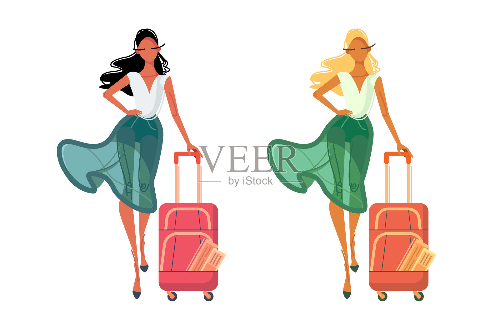 穿着夏装拎着旅行包的女人插画图片素材