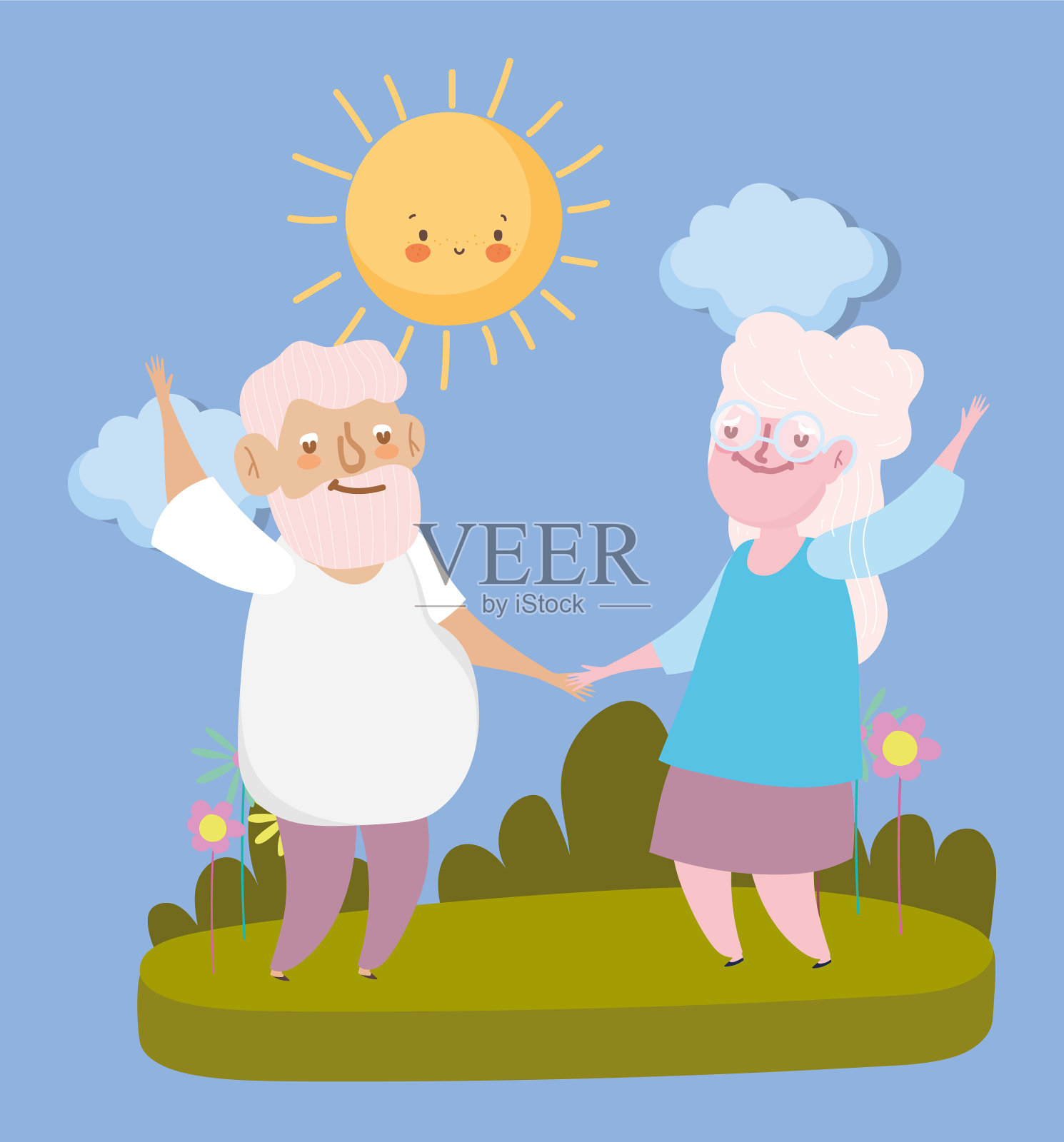 快乐的爷爷奶奶日老两口手牵着手插画图片素材