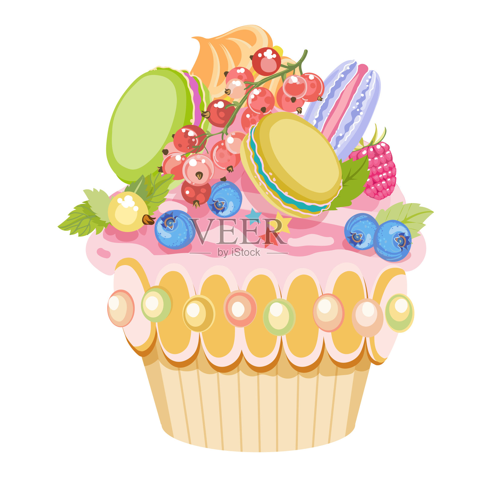 用糖果和浆果装饰的纸杯蛋糕插画图片素材