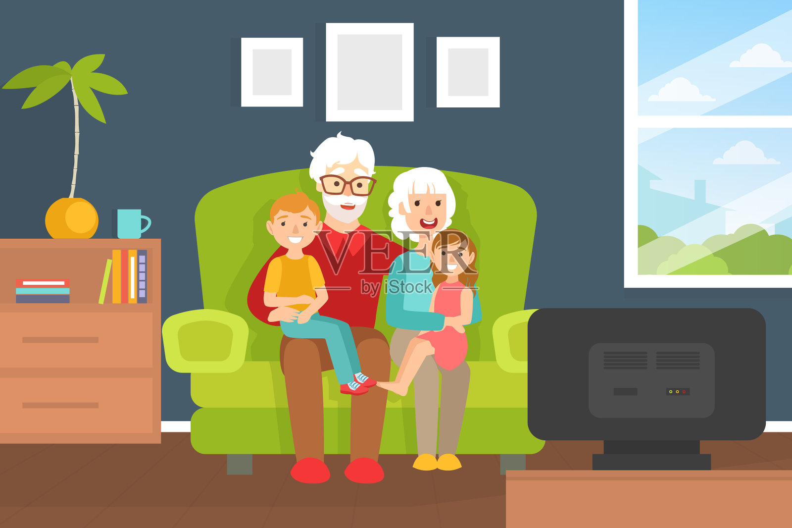 微笑的祖父母和孙子坐在上面插画图片素材