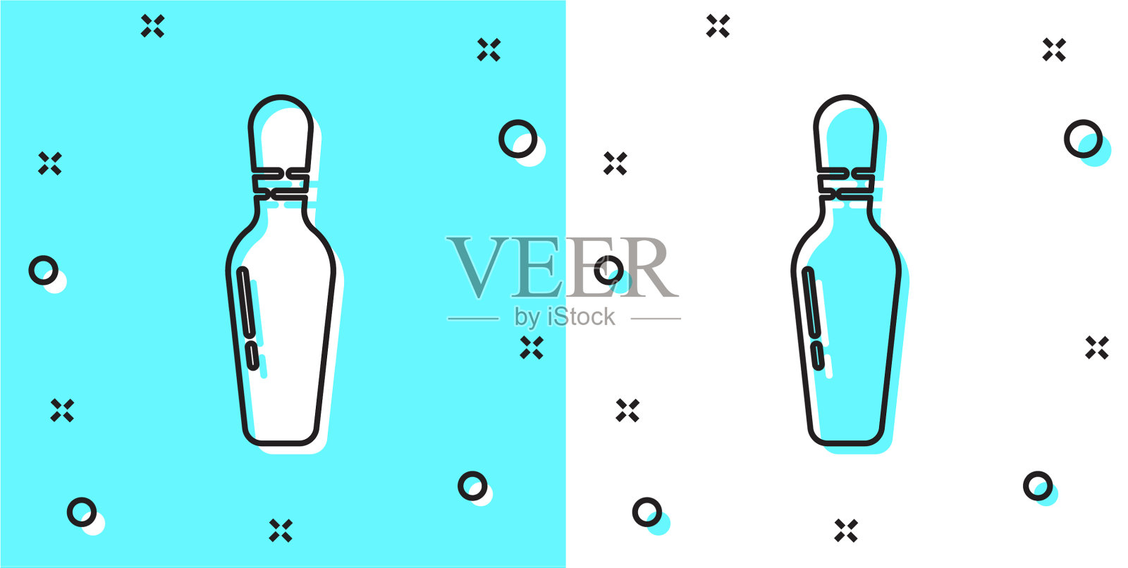 黑线保龄球瓶图标隔离在绿色和插画图片素材