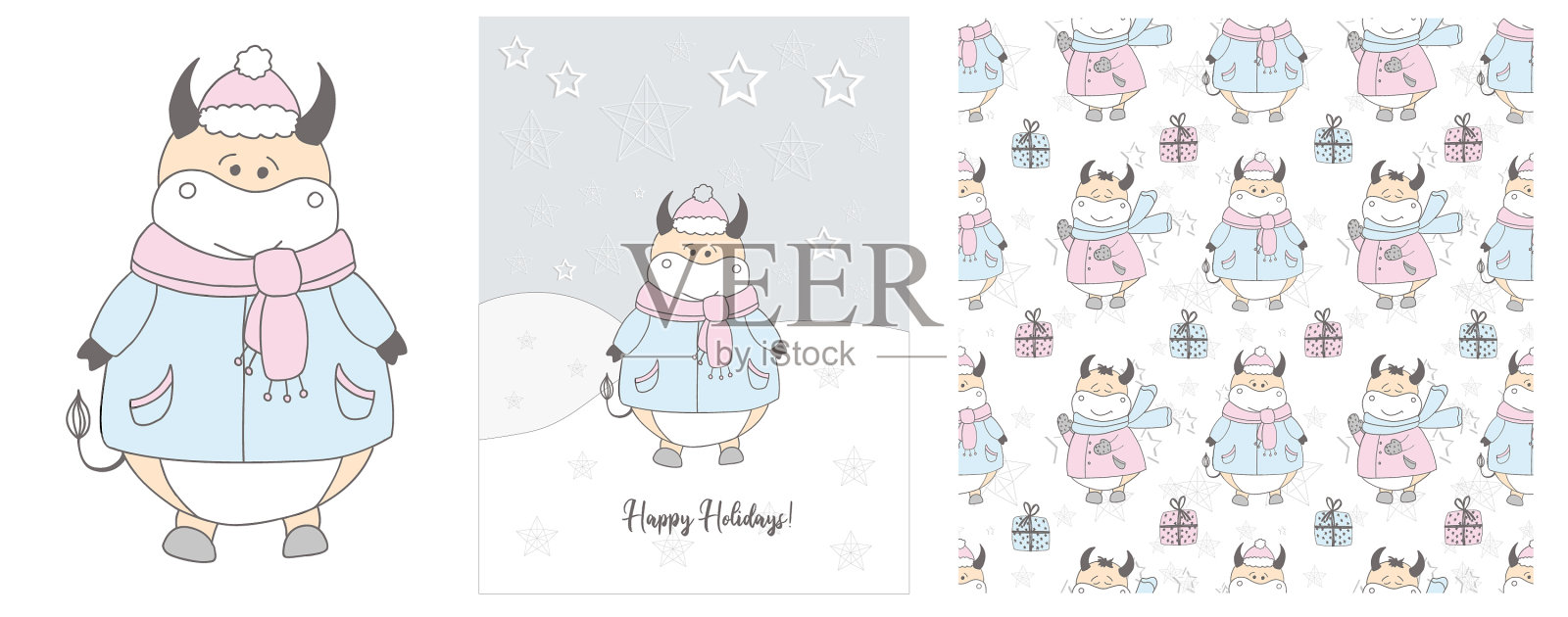 可爱的牛戴着围巾，手画贺卡插画图片素材