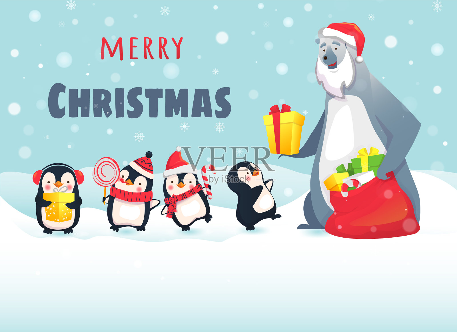 北极熊给企鹅送礼物插画图片素材