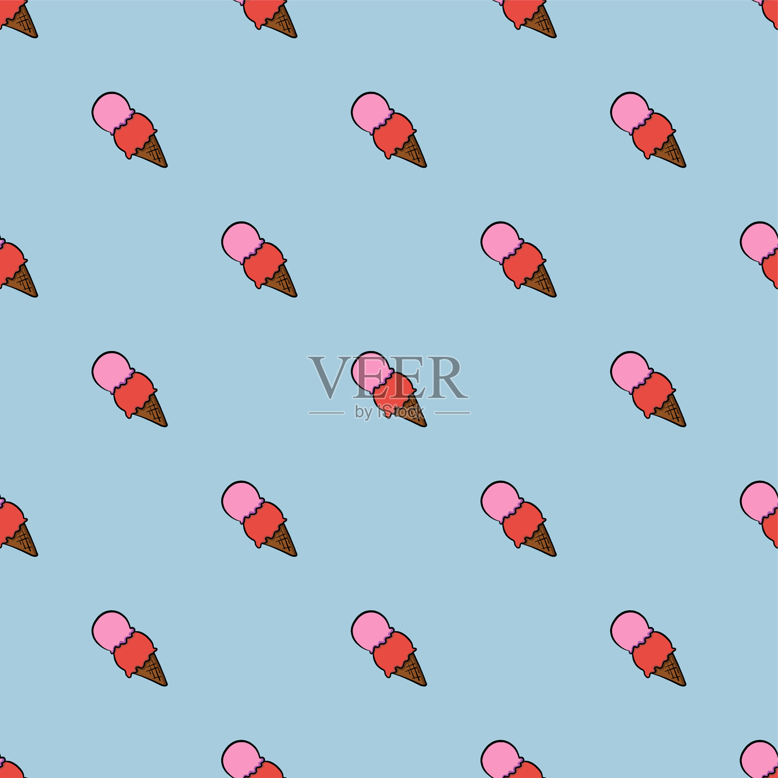 舀冰淇淋在圆锥形无缝图案上插画图片素材