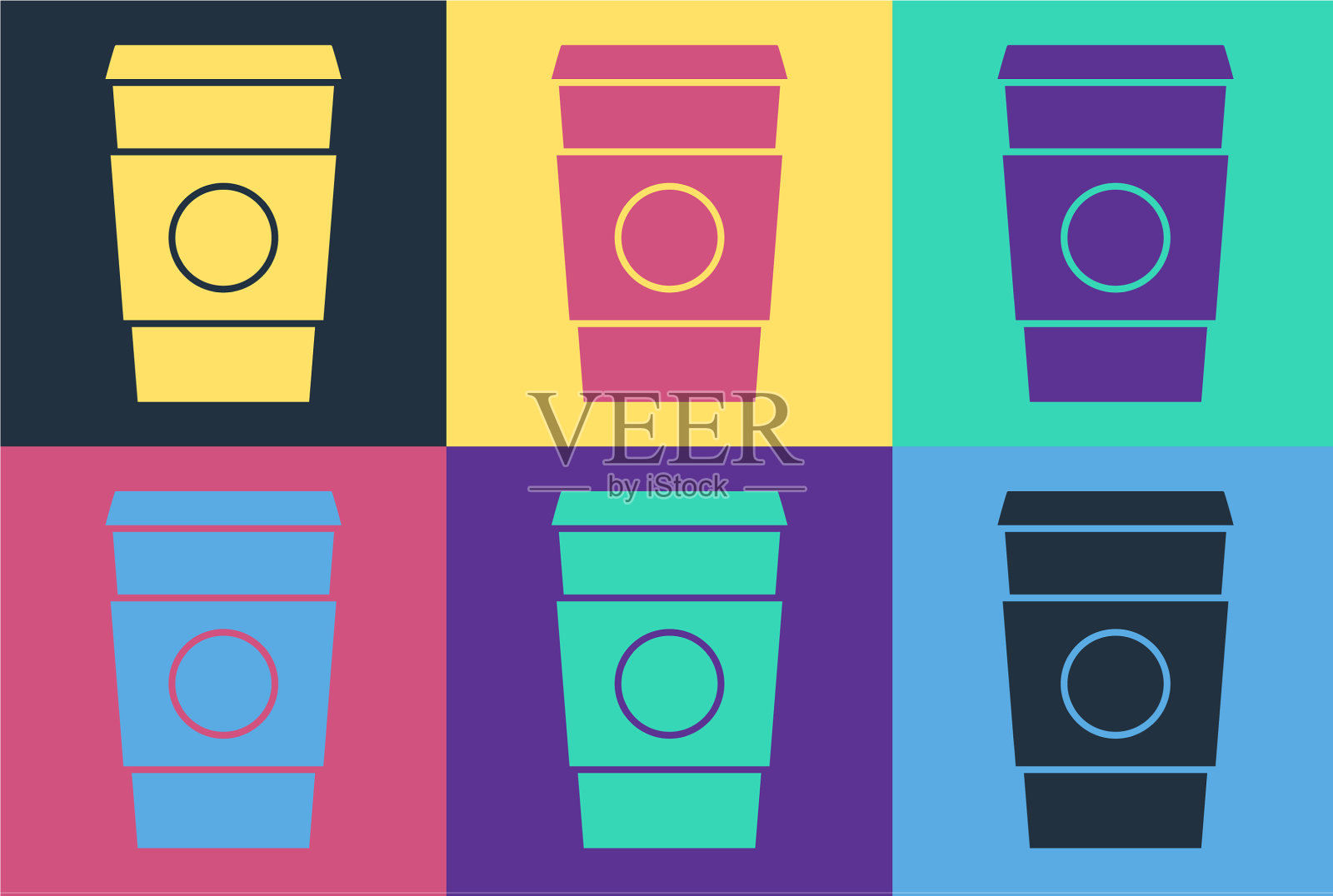 波普艺术咖啡杯去图标孤立的颜色插画图片素材