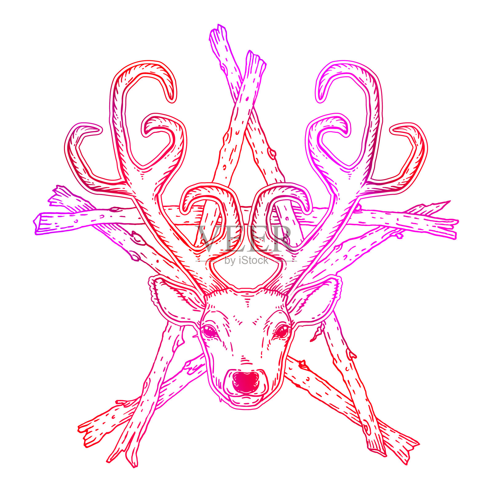 手画鹿头在棍子五角星设计元素图片