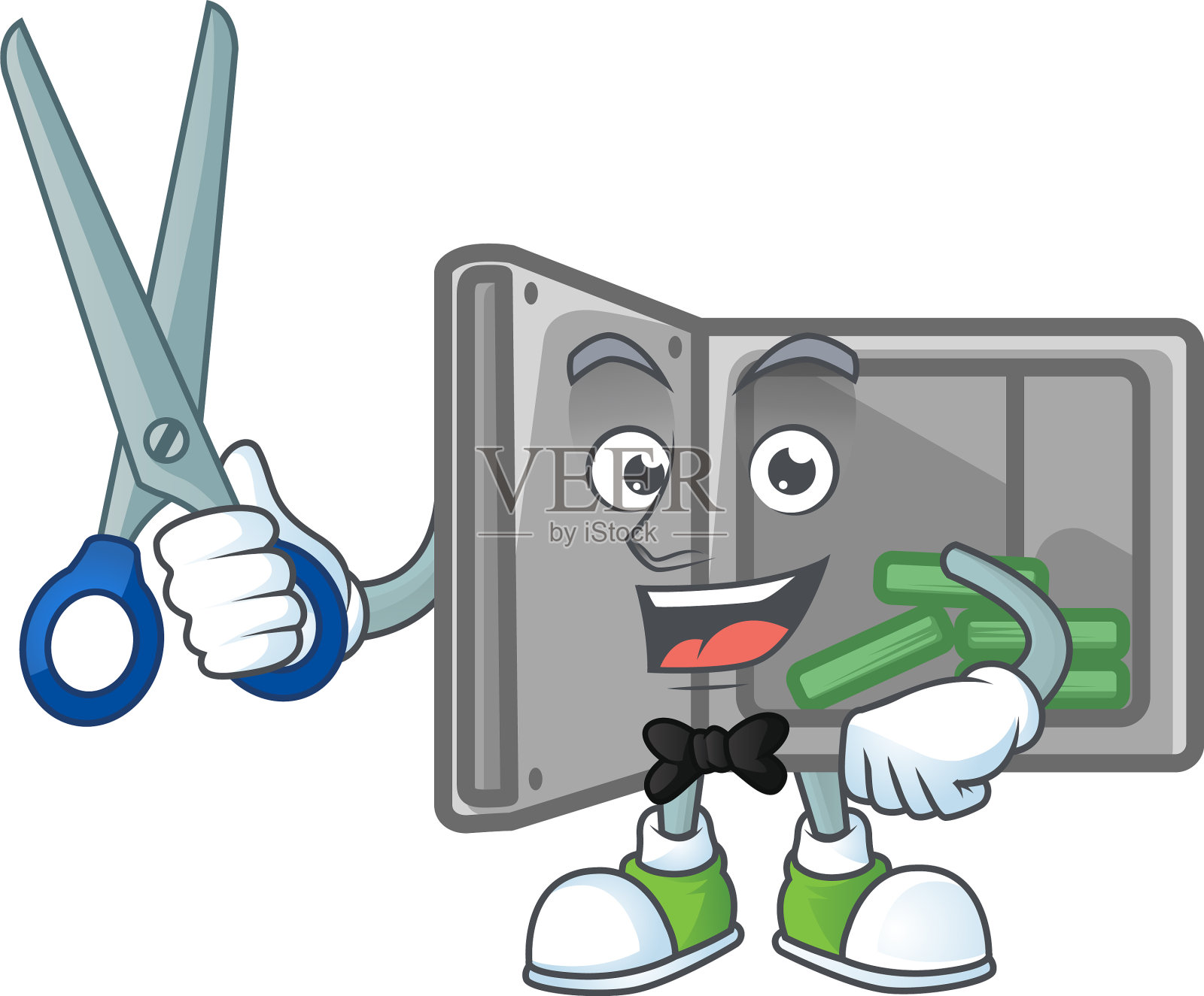 开心微笑的理发师打开吉祥物保险箱插画图片素材