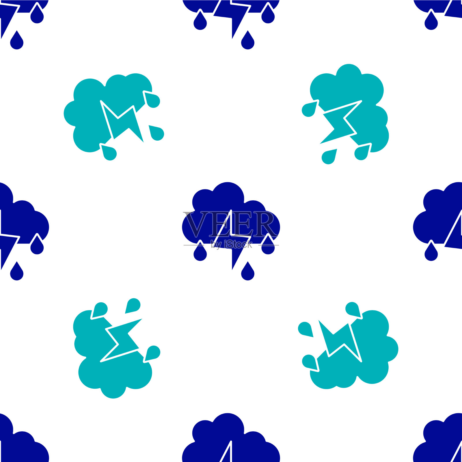 蓝色的云与雨和闪电的图标隔离插画图片素材