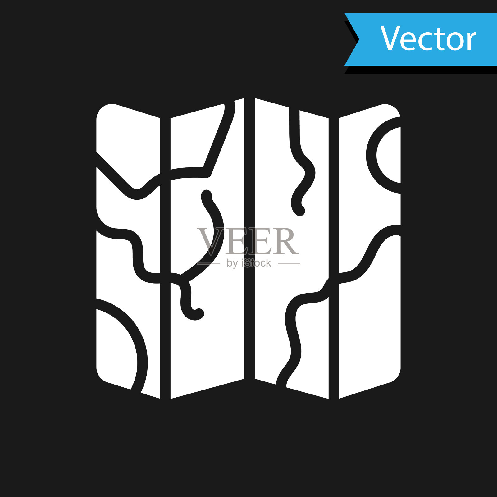 白色折叠地图图标孤立在黑色背景插画图片素材