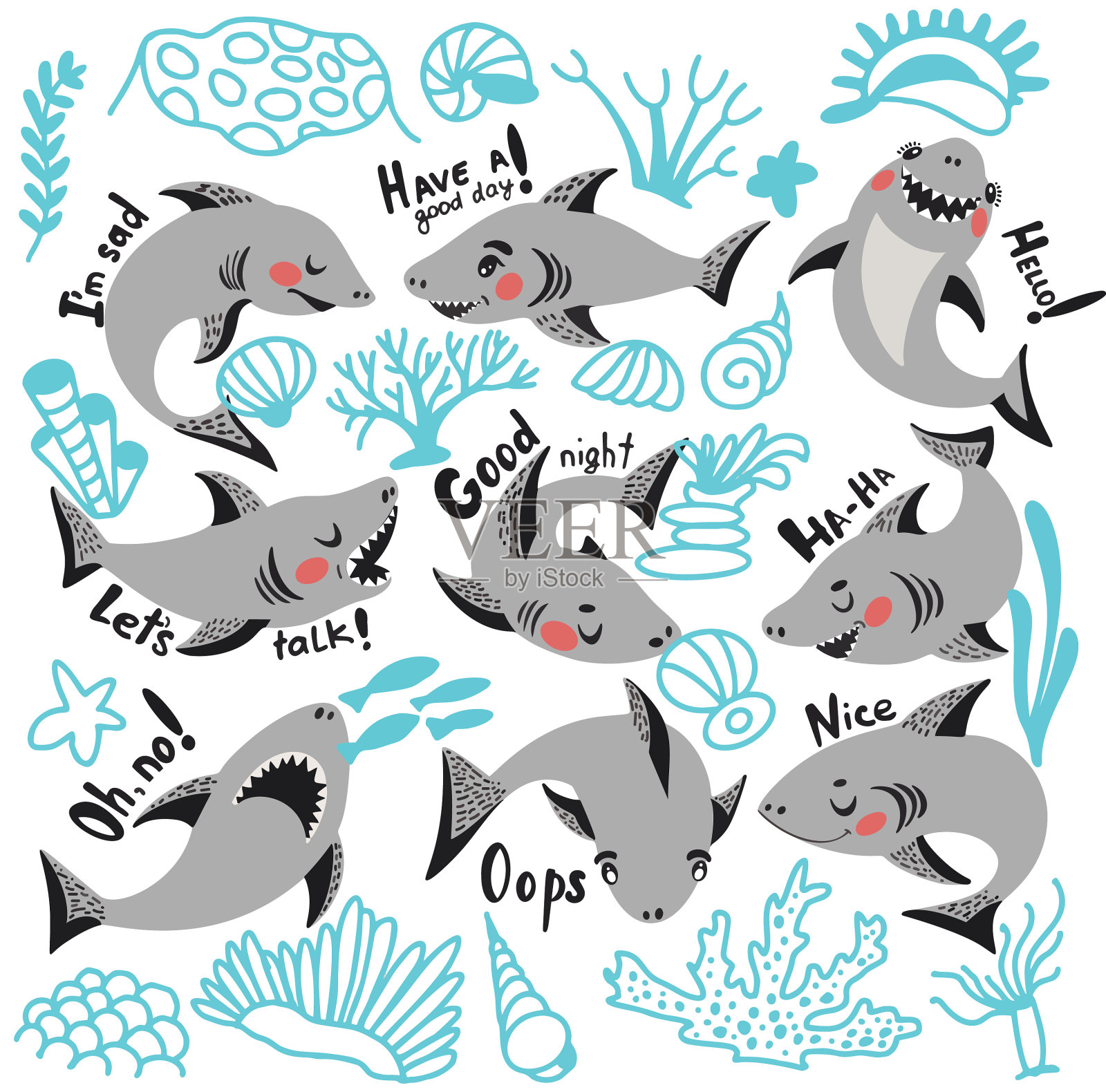 设定有趣的卡通风格可爱的鲨鱼和珊瑚设计元素图片