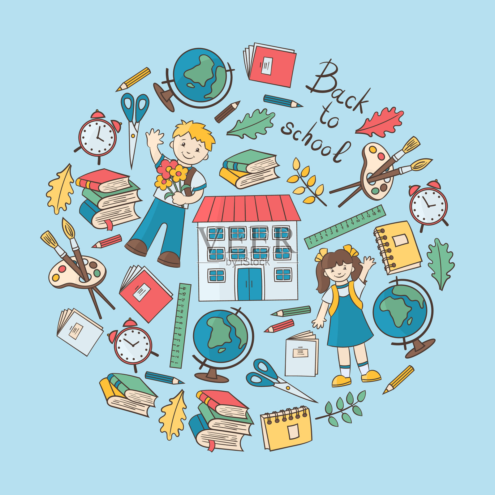 回到学校，学生和学校的项目在一个插画图片素材