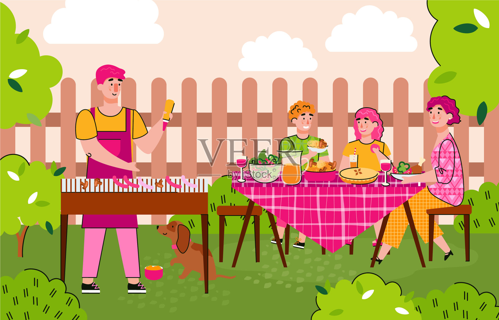 快乐家庭烹饪烧烤在夏季-卡通插画图片素材