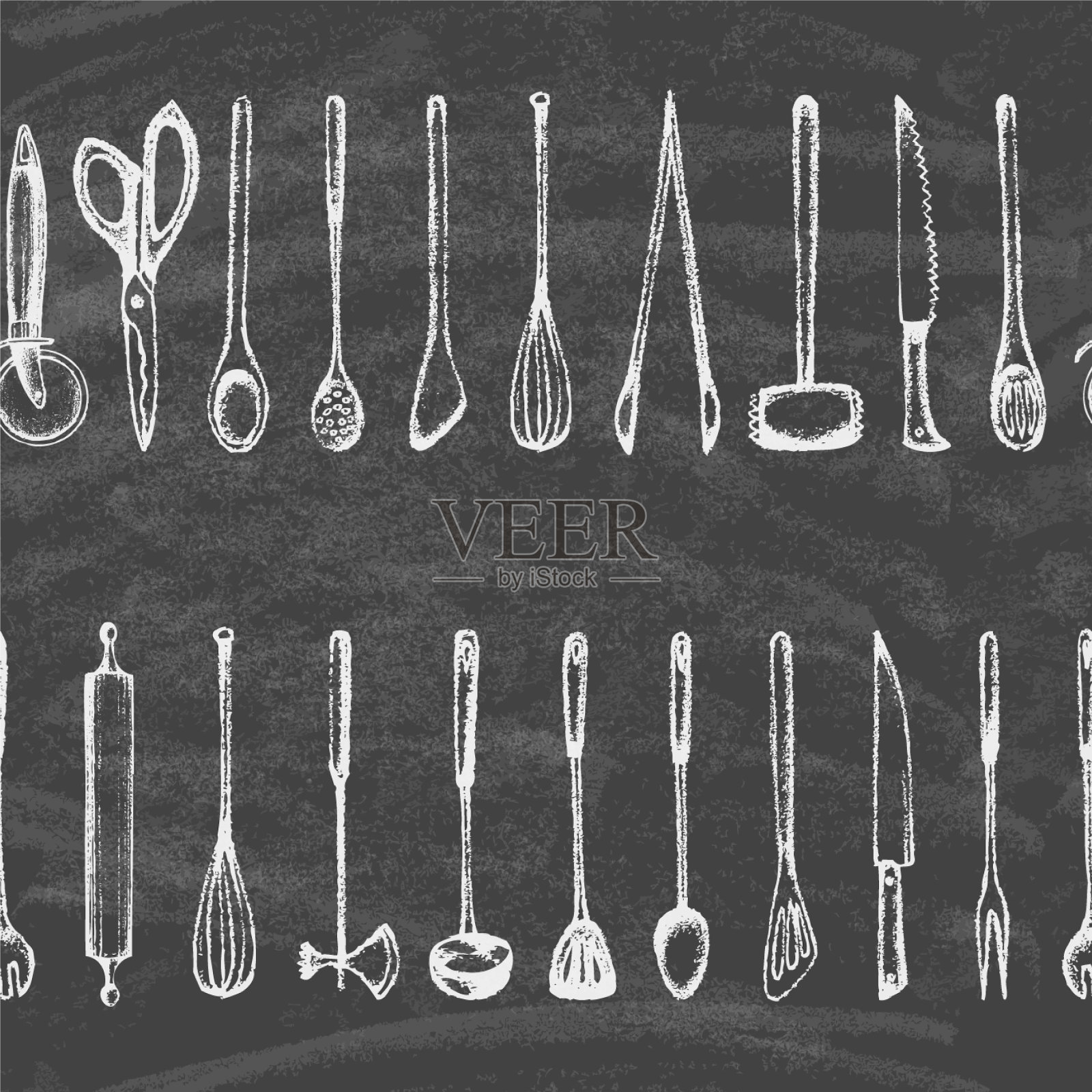 把厨房工具的轮廓放在黑板上插画图片素材