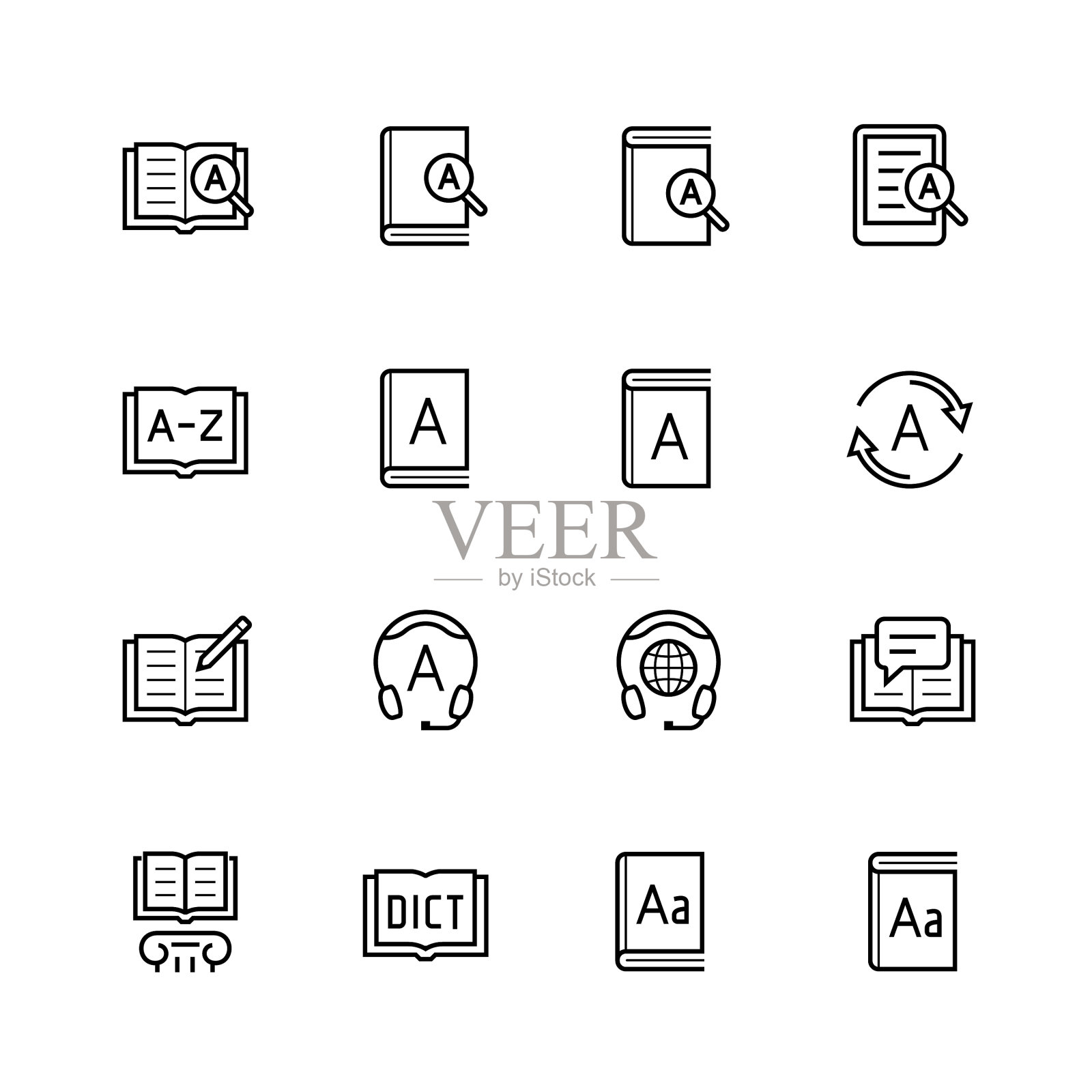 字典词汇书图标设置在细线图标素材