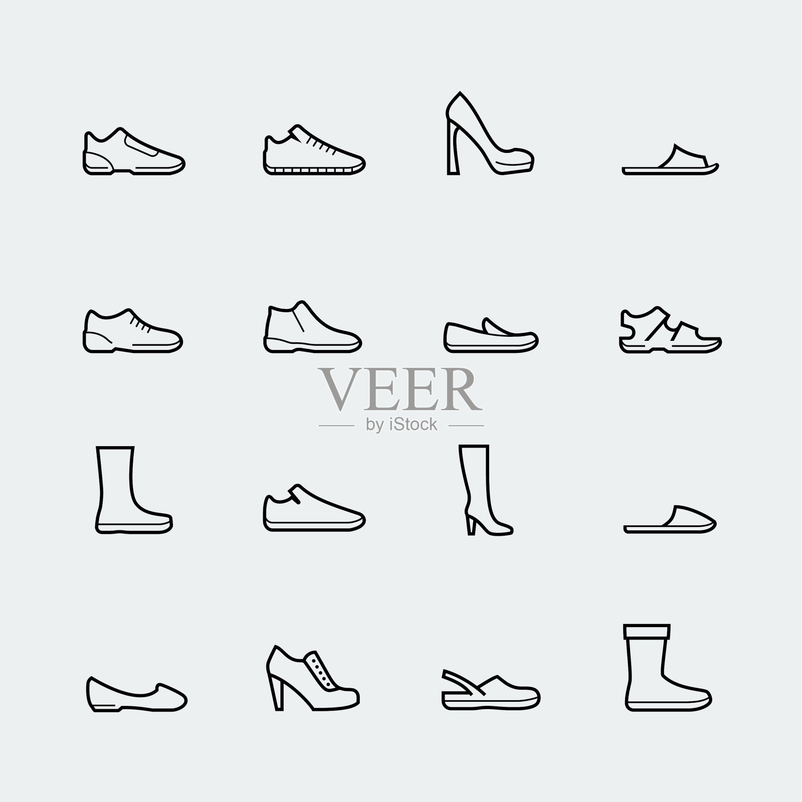 鞋子图标设置在细线风格图标素材