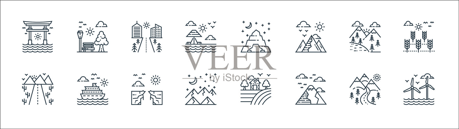 自然和景观线图标线性集合图标素材