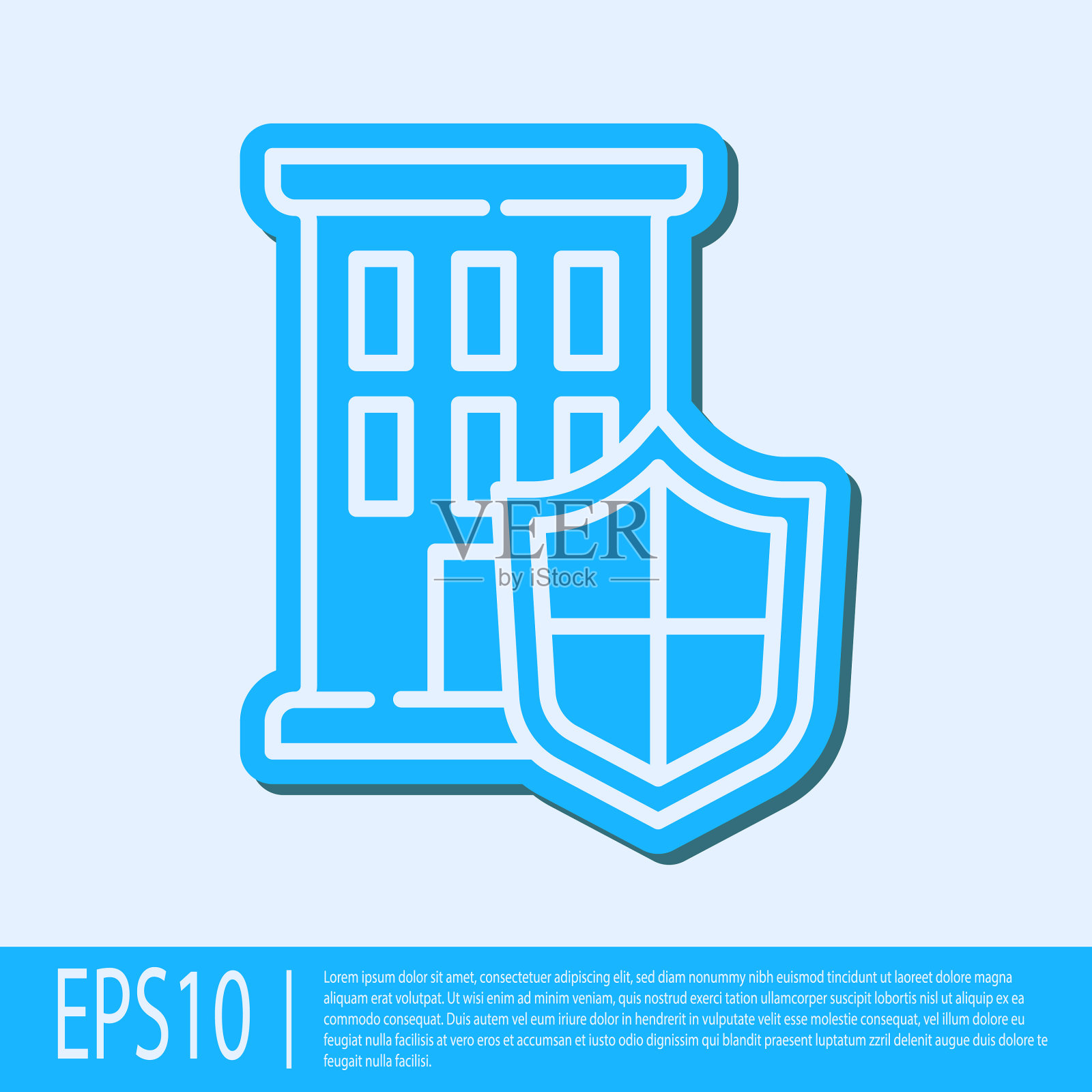 蓝线房子与盾牌图标隔离在灰色插画图片素材