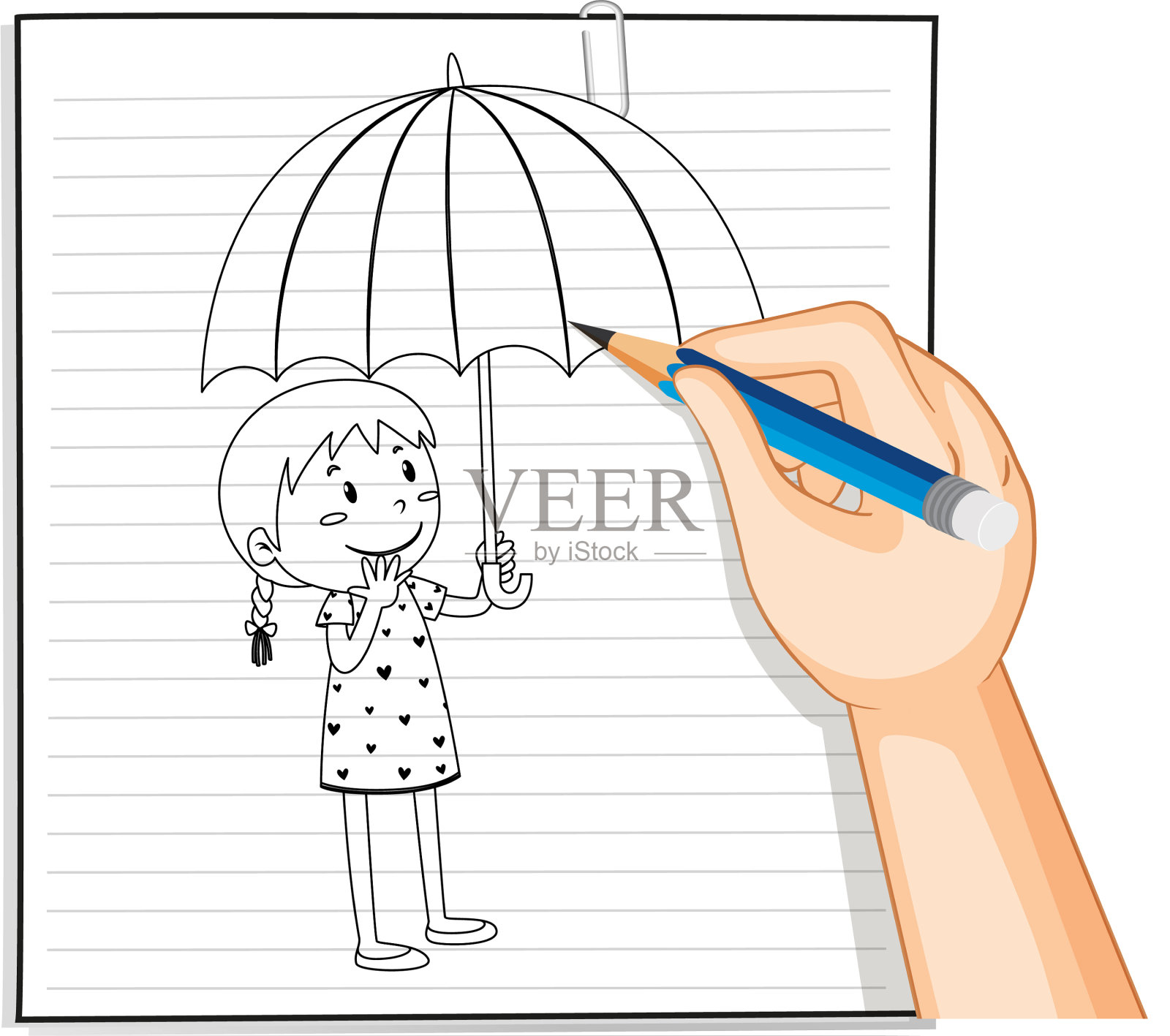 手写体女孩拿着伞的轮廓插画图片素材