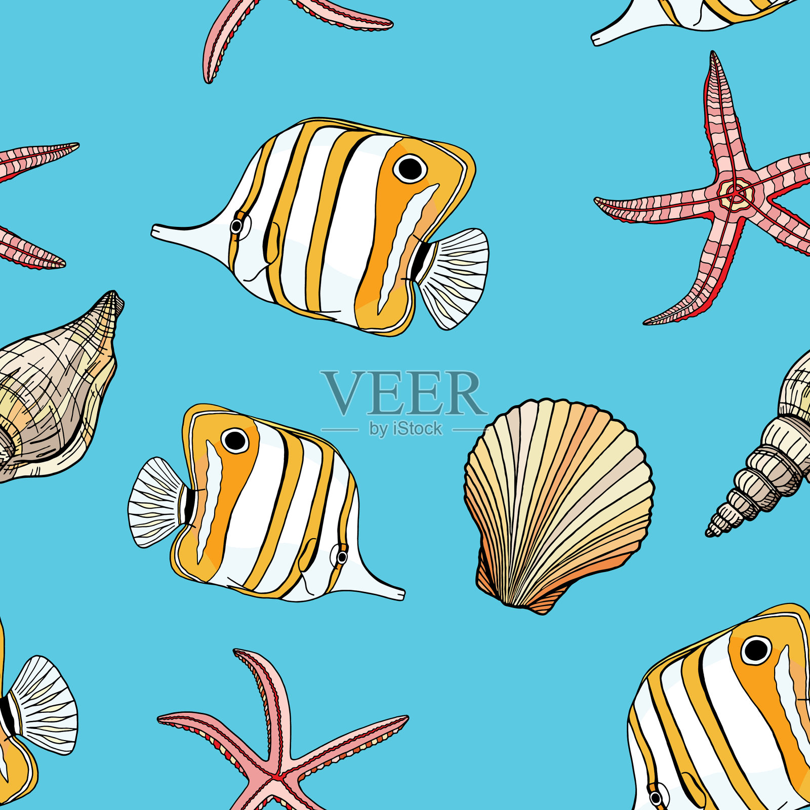 热带鱼、海贝、海星无缝隙插画图片素材
