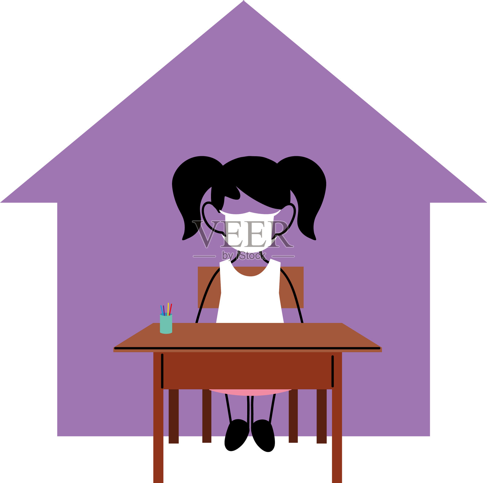 戴着面具的女孩在家在线学习设计元素图片