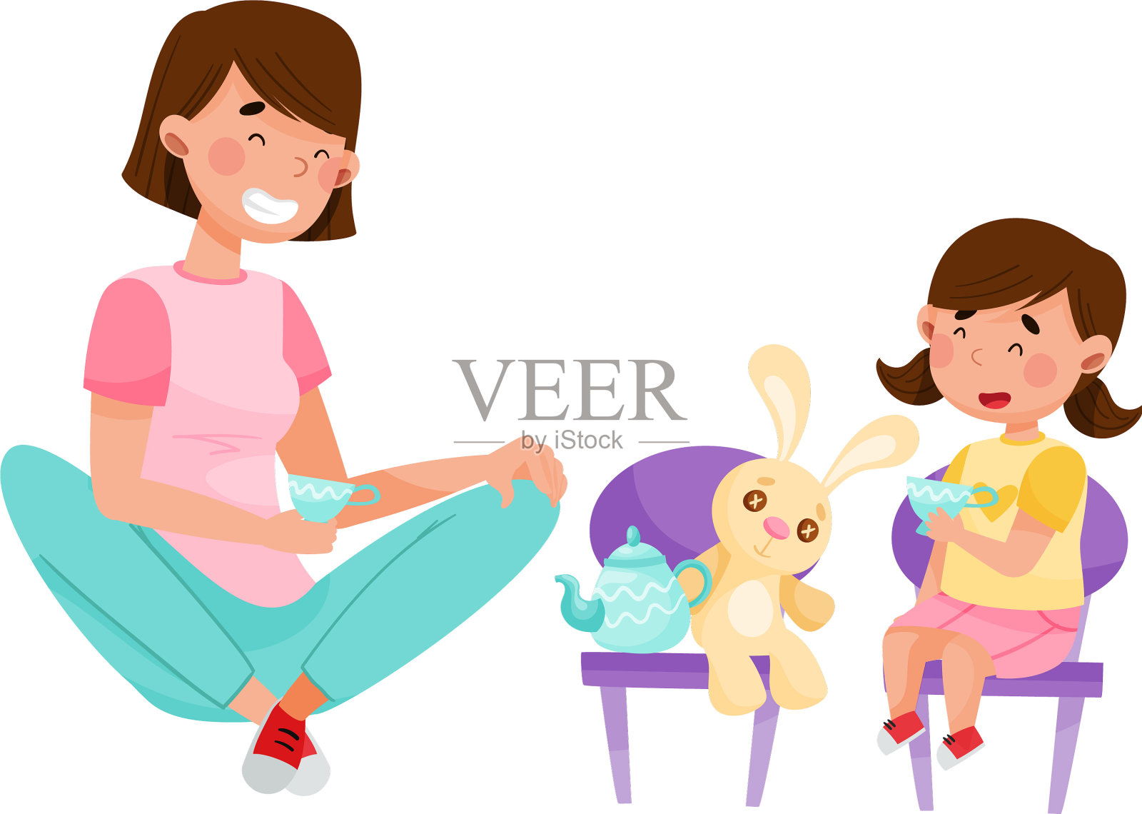 年轻女子和女儿玩玩具插画图片素材