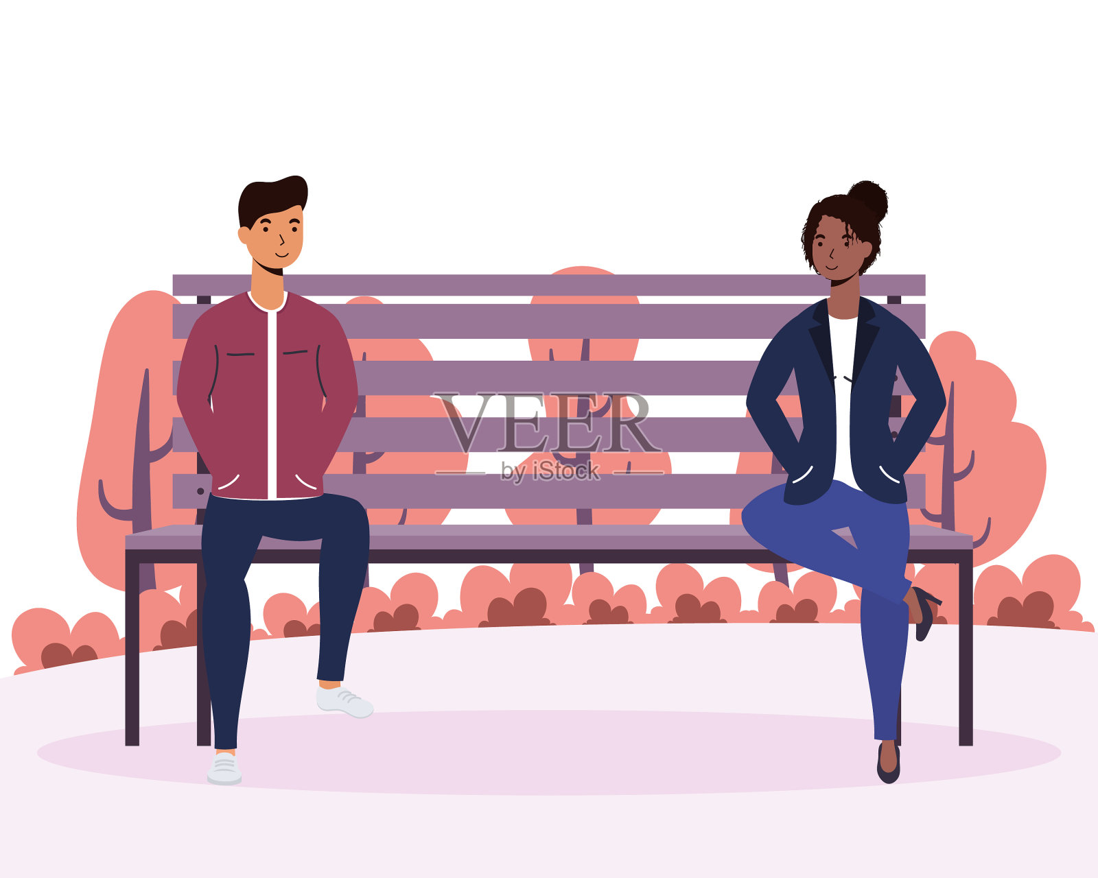 异族青年情侣在公园的椅子上相爱插画图片素材