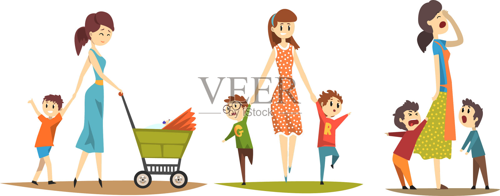 漂亮的妈妈带着孩子散步插画图片素材