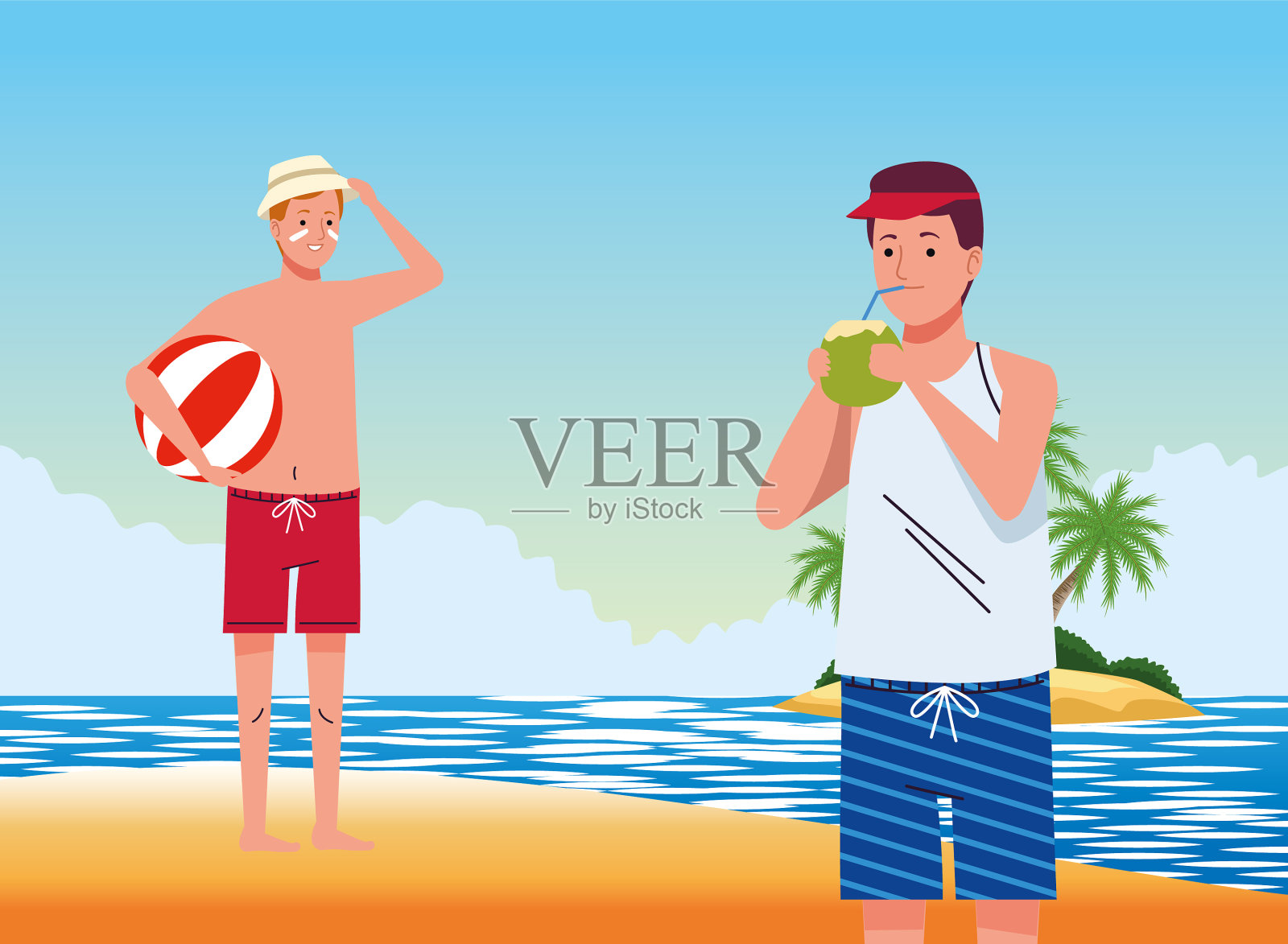 在海滩上穿着泳衣的年轻人插画图片素材