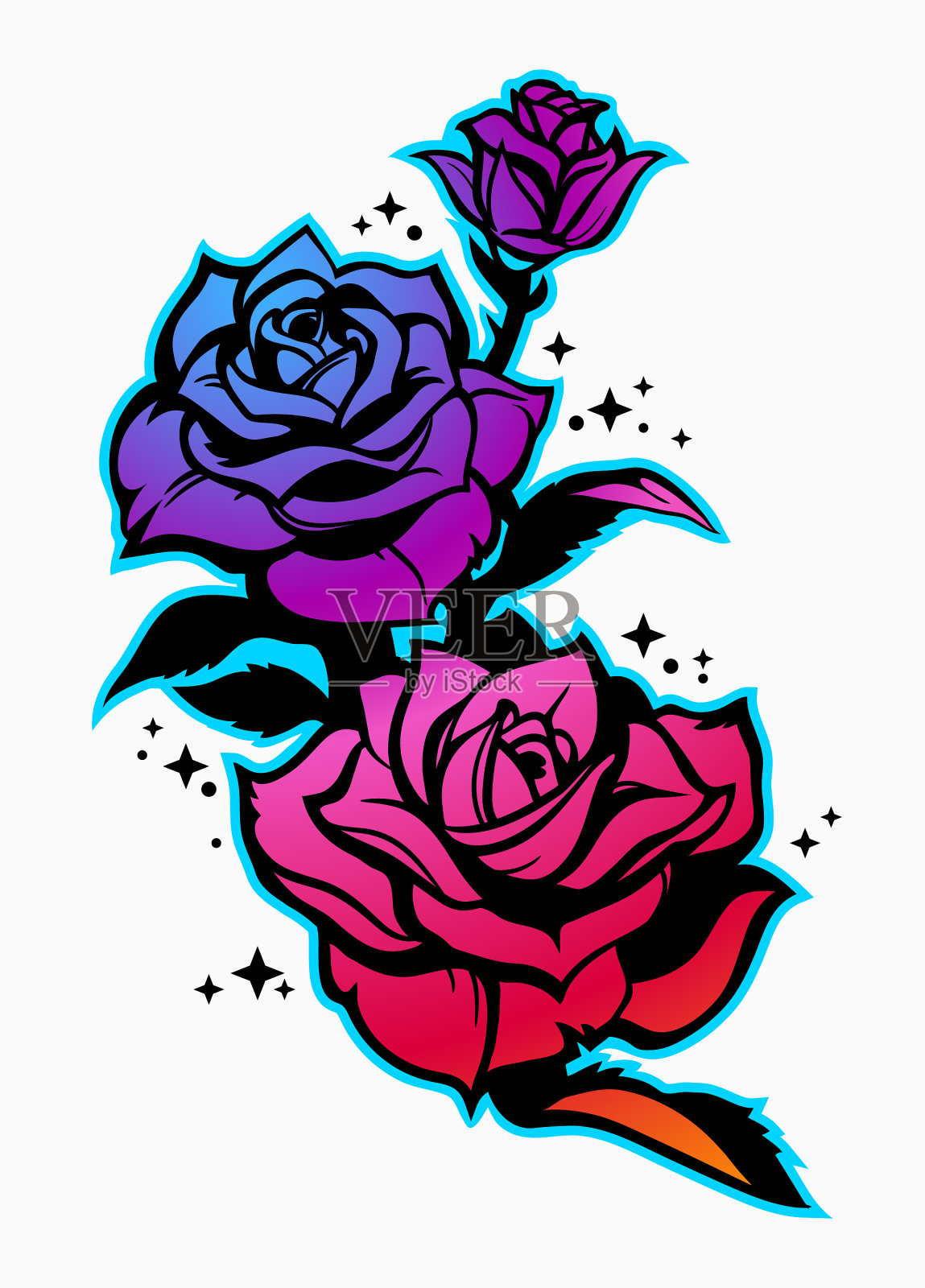 彩色美丽的玫瑰贴纸风格插画图片素材