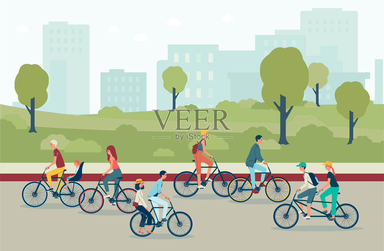 妇女和儿童，男人和夫妇骑自行车插画图片素材