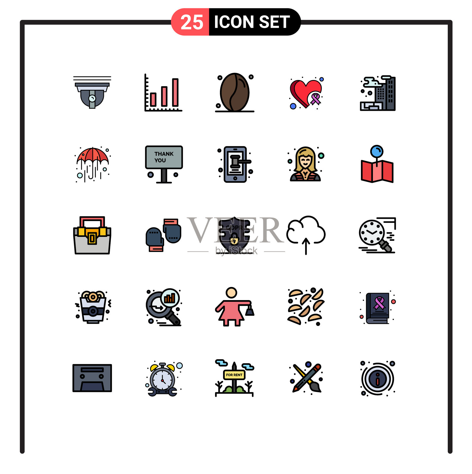 象形文字设置25条简单填充线平插画图片素材