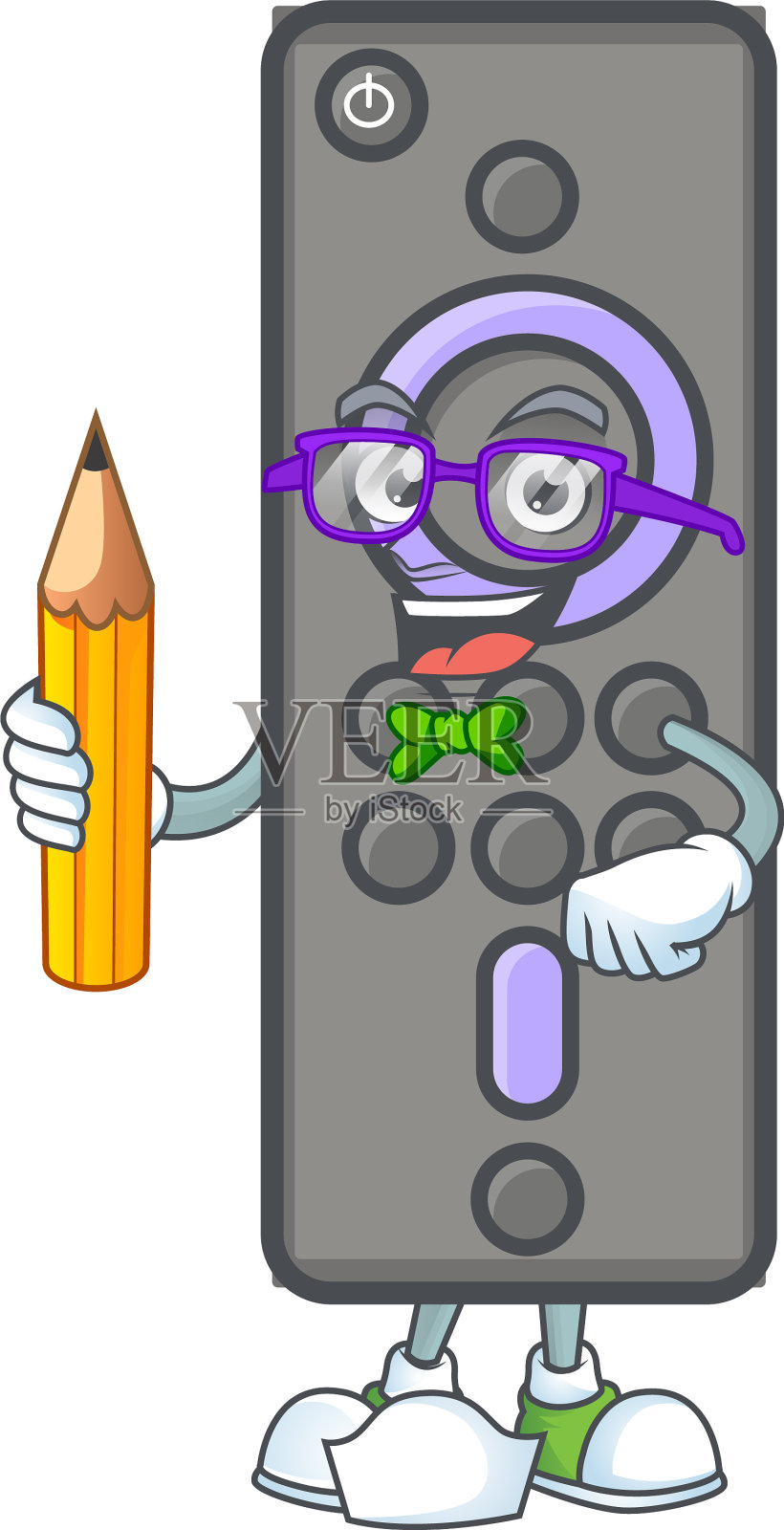 一个吉祥物学生遥控电视拿着铅笔插画图片素材
