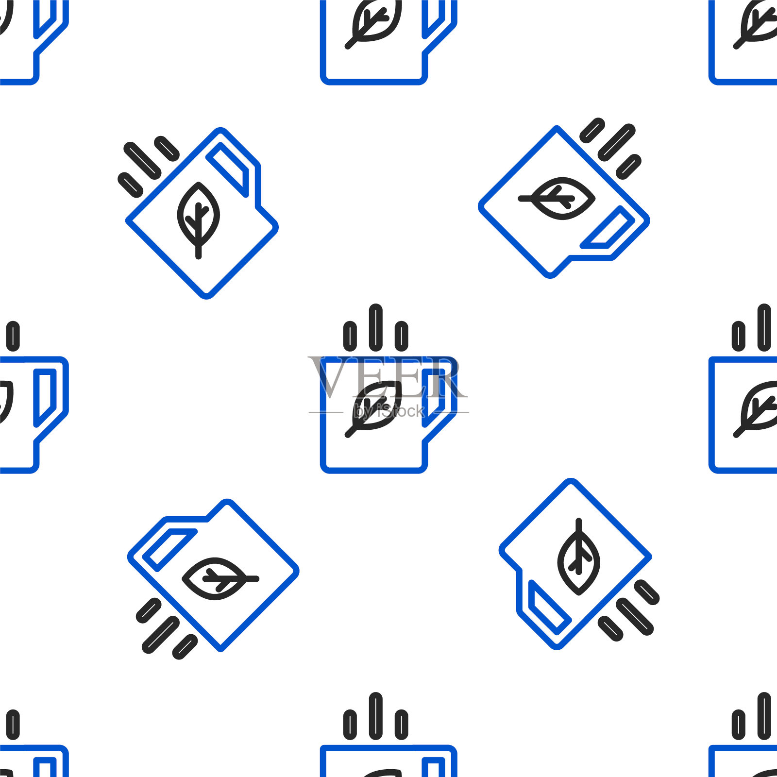 线杯茶和叶子图标孤立无缝模式上的白色背景。色彩斑斓的轮廓的概念。向量插画图片素材