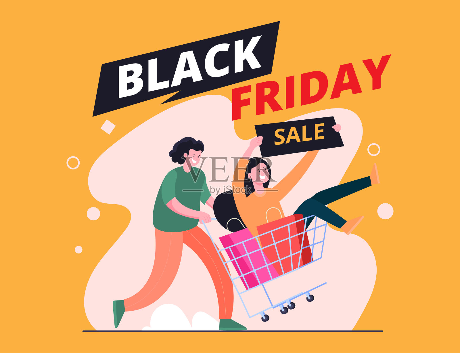 黑色星期五促销插图概念，2个人和推着购物车高兴地因为很多折扣设计模板素材