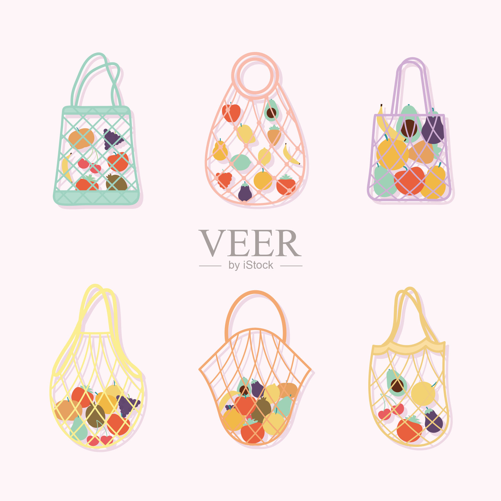 一套生态袋与水果里面的粉红色的背景插画图片素材