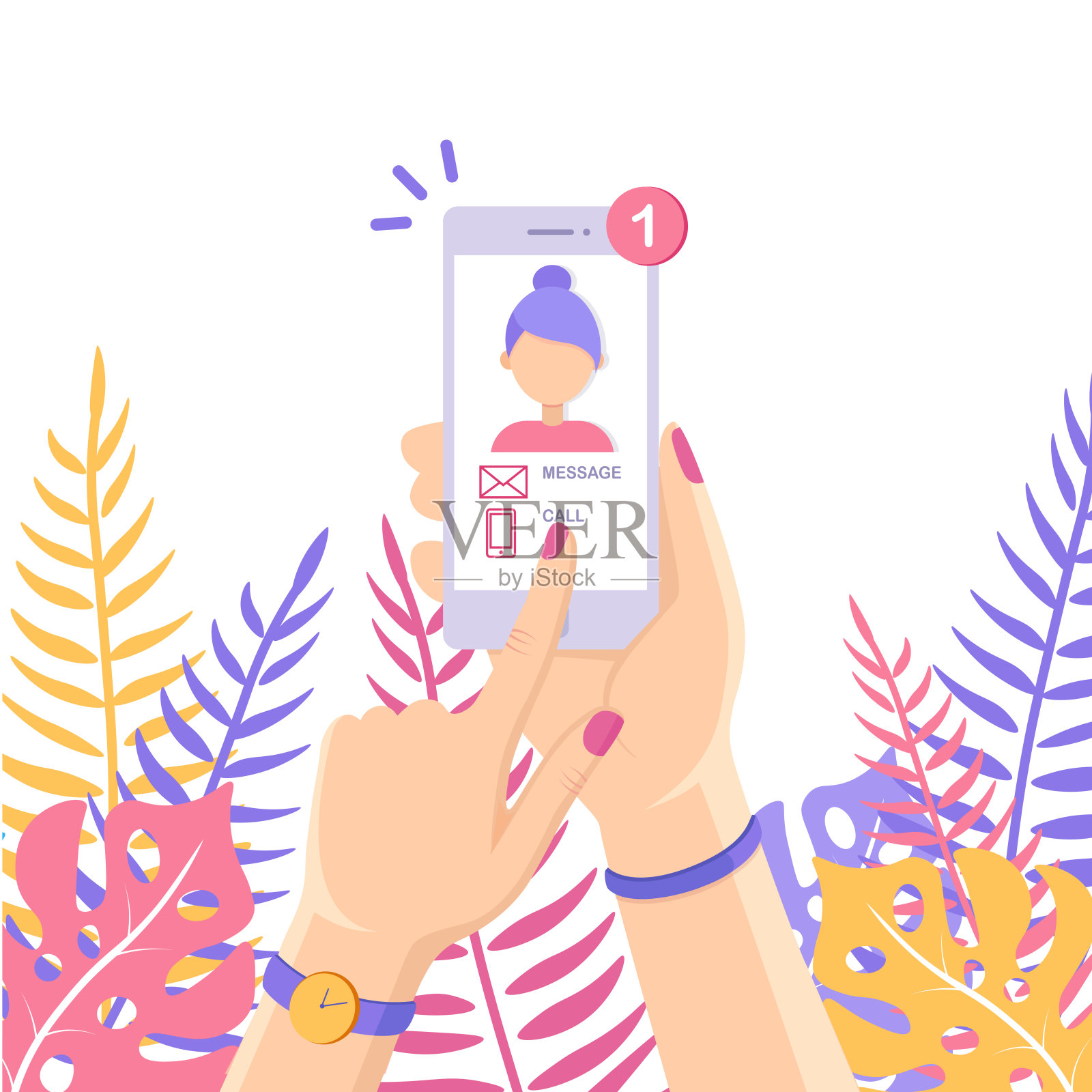 白色智能手机与信息，电话通知屏幕上。展示女性照片。手机提醒新邮件。矢量动画设计插画图片素材