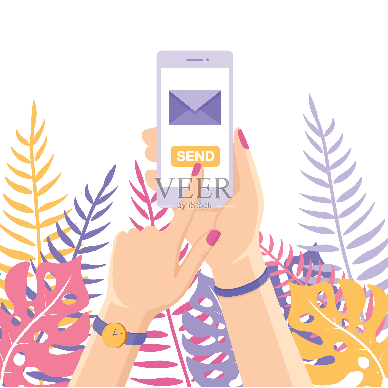 用白色手机收发短信、信件、电子邮件。人手持手机孤立的背景。智能手机短信应用。矢量平面设计插画图片素材