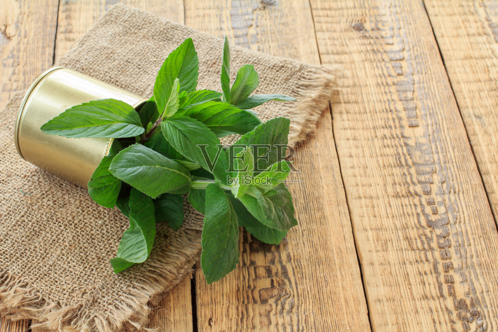 新鲜的绿色薄荷放在旧木板上。照片摄影图片