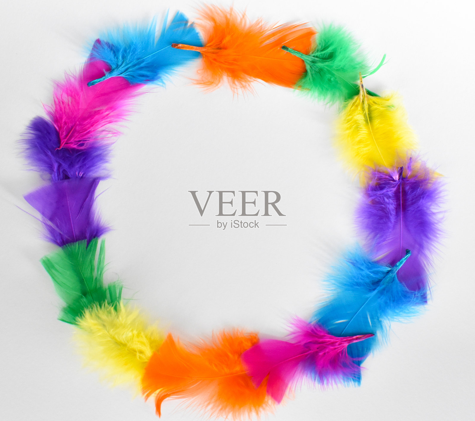 色彩缤纷的羽毛构成创意圈。平铺与拷贝空间。照片摄影图片