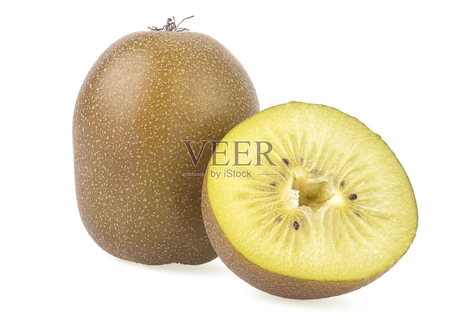 整个和切金黄色猕猴桃孤立在白色的背景照片摄影图片